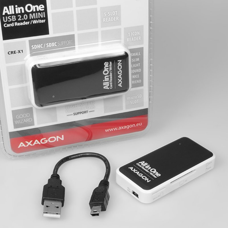 Axagon CRE-X1 lecteur de carte mémoire USB 2.0 Noir, Blanc