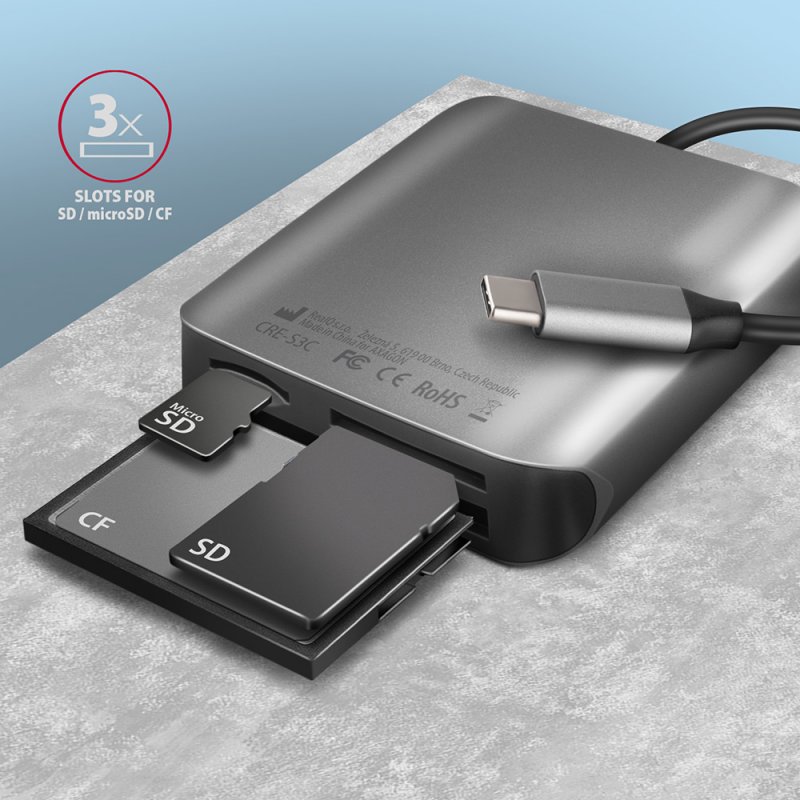 AXAGON CRE-S3C Externer Kartenleser USB-C 3.2 Gen 1, 3-Slot, SD/microSD/CF, UHS-II