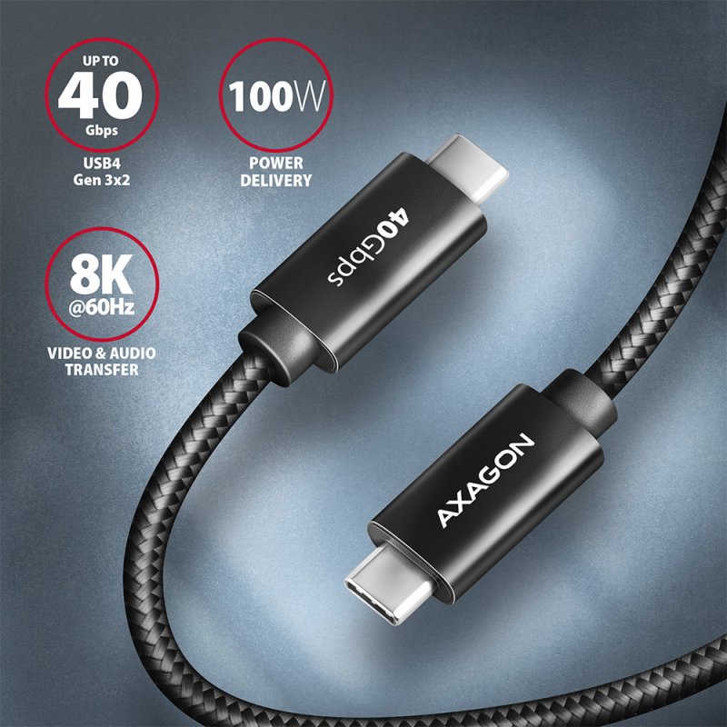 AXAGON BUCM432-CM10AB USB-C zu USB-C Kabel, USB4 Gen 3×2, 1m, PD 100W, 8K HD, ALU, geflochten - schw