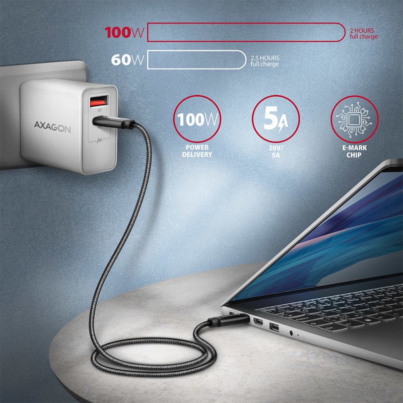AXAGON BUCM432-CM10AB USB-C zu USB-C Kabel, USB4 Gen 3×2, 1m, PD 100W, 8K HD, ALU, geflochten - schw