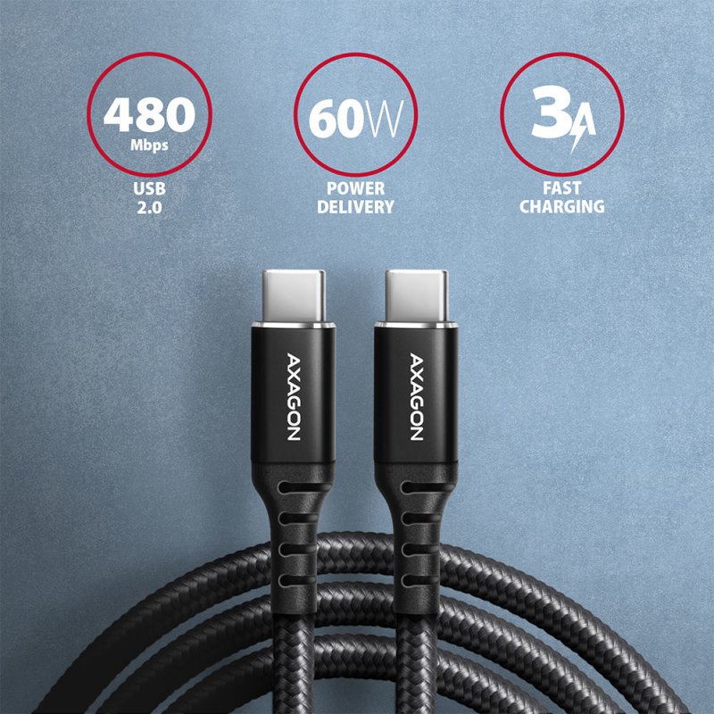 AXAGON BUCM-CM20AB USB-C zu USB-C 2.0 Kabel, 2m, PD 60W, 3A, geflochten - schwarz
