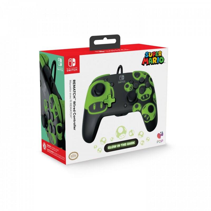 PDP 1-Up Glow in The Dark REMATCH Noir, Vert USB Manette de jeu Nintendo Switch, Nintendo Switch OLED