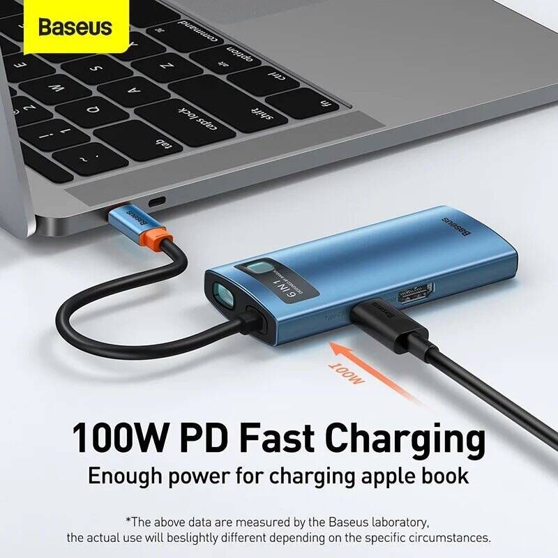 Baseus HUB Metal Gleam series 6-in-1 Multifunctional (Type-C to 3x USB 3.2, PD 100W / HDMI 4K 30Hz / RJ45 1Gbps) Blue (W