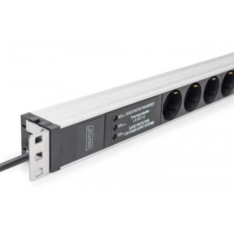 Digitus Socket strip with aluminum profile and surge protection, integrated line filter, 6 safety sockets, 2 m cable saf