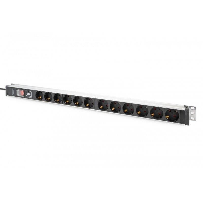 Digitus Socket strip with aluminum profile with switch and surge protection, 12-way safety sockets, 2 m cable safety plu