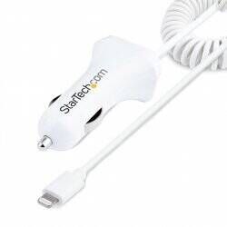 StarTech.com Lightning Car Charger with Coiled Cable, 1m Coiled Lightning Cable, 12W, White, 2 Port USB Car Charger Adap