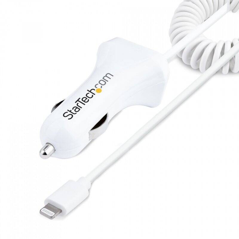 StarTech.com Lightning Car Charger with Coiled Cable, 1m Coiled Lightning Cable, 12W, White, 2 Port USB Car Charger Adap