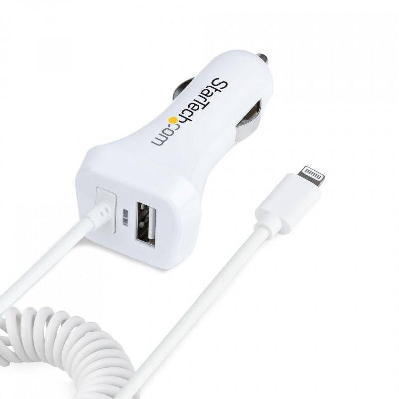 StarTech.com Lightning Car Charger with Coiled Cable, 1m Coiled Lightning Cable, 12W, White, 2 Port USB Car Charger Adap