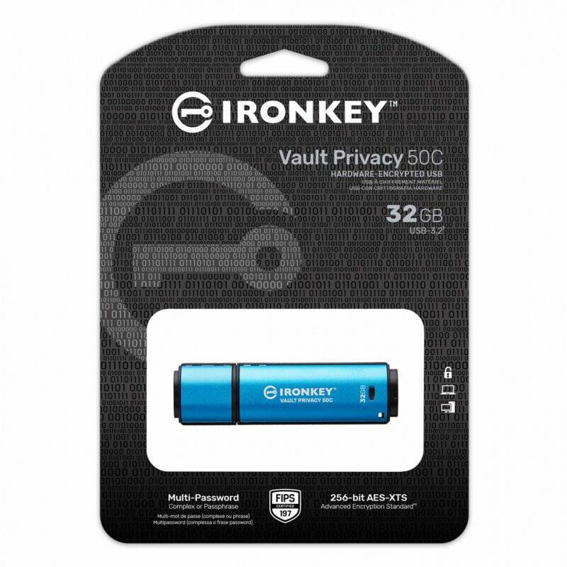 Kingston Technology IronKey VP50 USB flash drive 32 GB USB Type-C 3.2 Gen 1 (3.1 Gen 1) Black, Blue