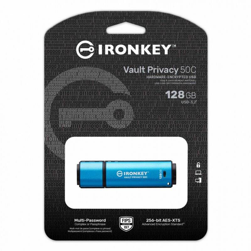 Kingston Technology IronKey VP50 USB flash drive 128 GB USB Type-C 3.2 Gen 1 (3.1 Gen 1) Black, Blue