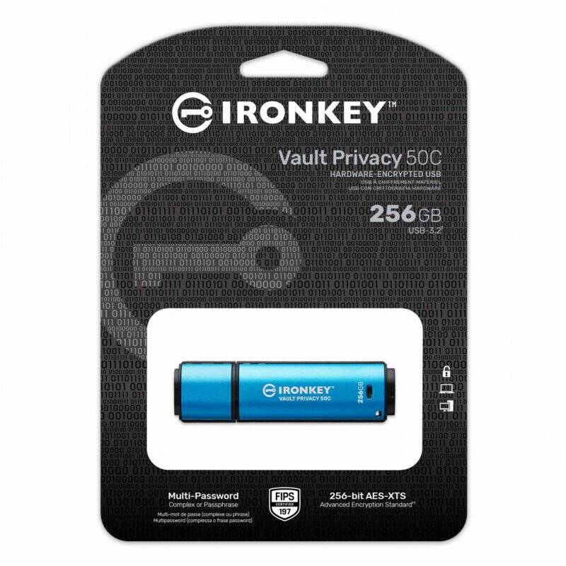 Kingston Technology IronKey VP50 USB flash drive 256 GB USB Type-C 3.2 Gen 1 (3.1 Gen 1) Black, Blue