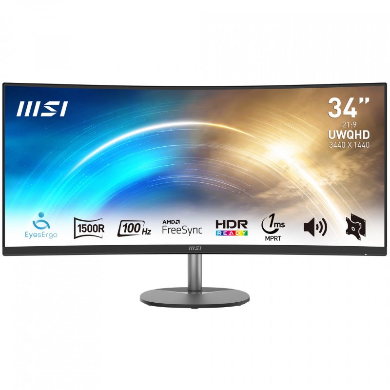 MSI Pro MP341CQ 34 Inch Curved Monitor, 1500R, UWQHD (3440 x 1440), 21:9, 100Hz, VA, 4ms, HDMI, VGA, Built-in Speakers, 