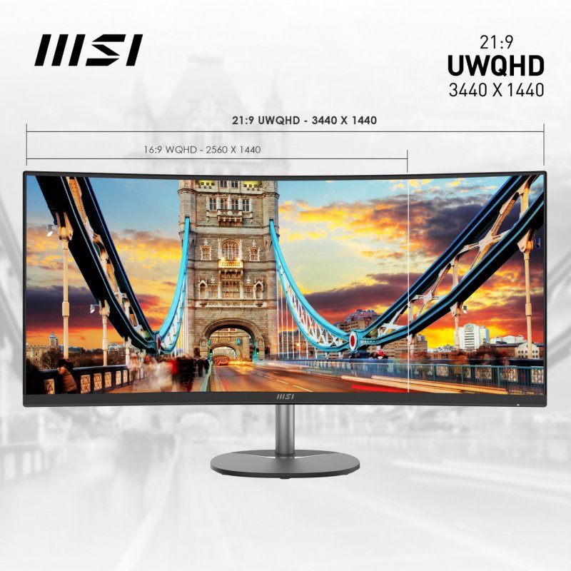 MSI Pro MP341CQ 34 Inch Curved Monitor, 1500R, UWQHD (3440 x 1440), 21:9, 100Hz, VA, 4ms, HDMI, VGA, Built-in Speakers, 