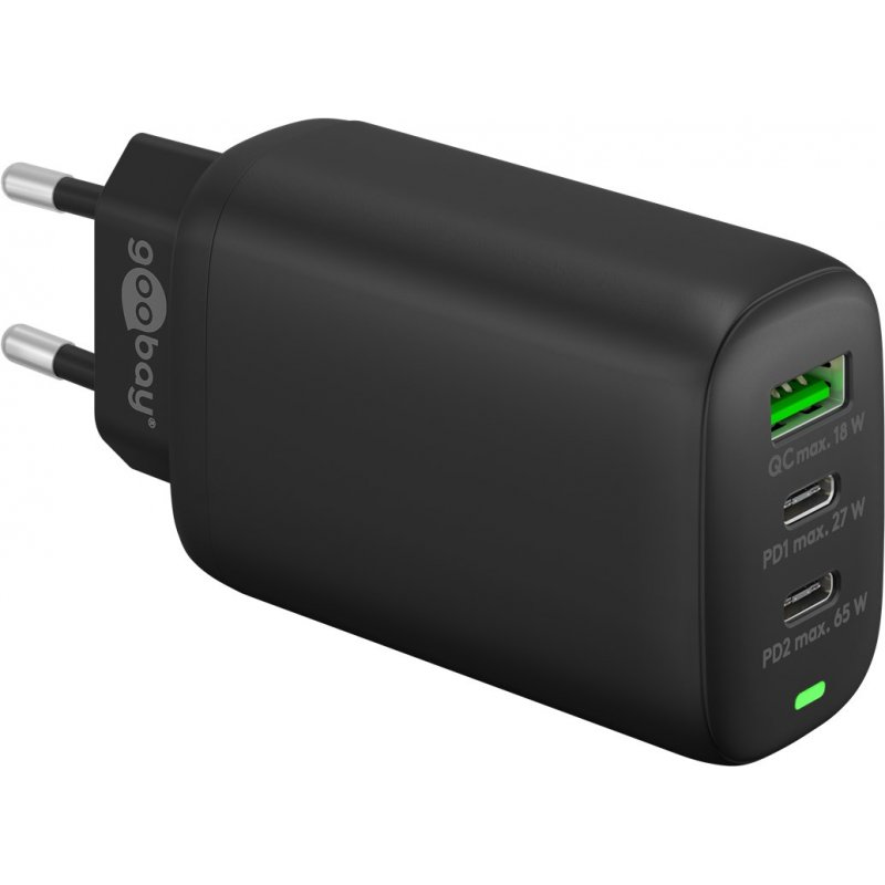 Wentronic Goobay 3x Multiport Quick Charger 65 W, 2x USB-C, 1x USB-A Black