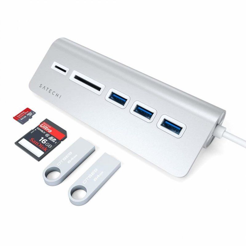 Lecteur de Cartes externe Satechi Type C + Hub USB 3.0 (Argent)