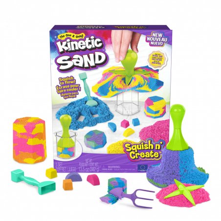 Kinetic Sand , Squish N' Create avec 382 g de sable à modeler bleu, jaune et rose, 5 outils, jouets sensoriels pour les