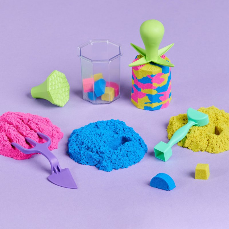 Kinetic Sand , Squish N' Create avec 382 g de sable à modeler bleu, jaune et rose, 5 outils, jouets sensoriels pour les
