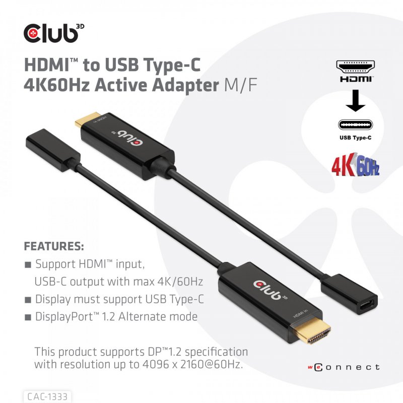 CLUB3D CAC-1333 câble vidéo et adaptateur 0,22 m HDMI Type A (Standard) USB Type-C Noir