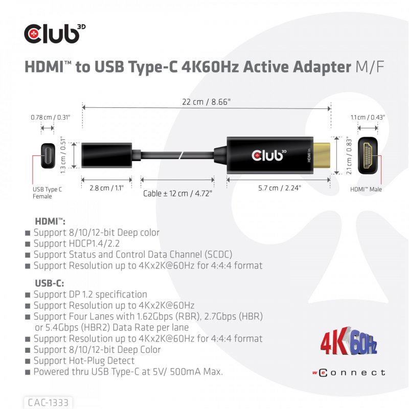 CLUB3D HDMI to USB Type-C 4K60Hz Active Adapter M/F