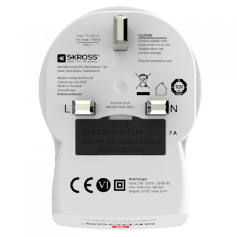 Skross 1500280 power plug adapter Type G (UK) Type C (Europlug)+Type F