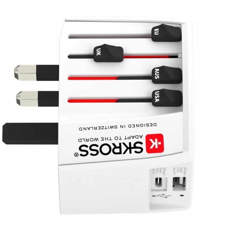 Adaptateur de voyage universel SKROSS 2 pôles avec 1 x USB et 1 x Port USB C blanc