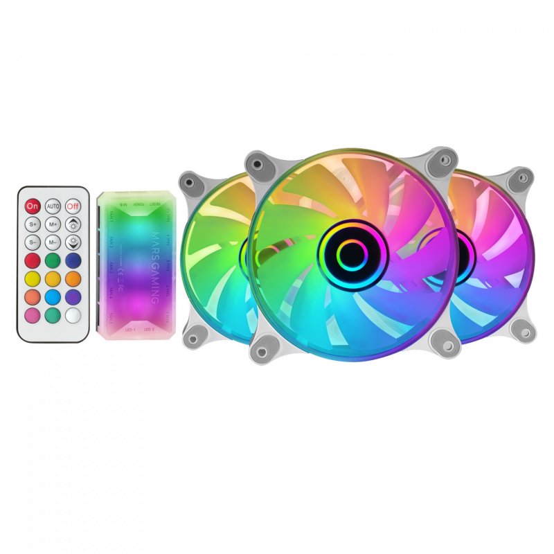 Mars Gaming MF-3DKIT White Kit 3 ARGB 360° 12cm Fans 3D Infinity Mirror Anti-vibration System ARGB Controller RF Remote