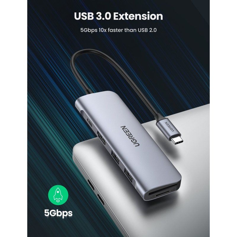 UGREEN CM195 Hub adapter 6 in 1 USB-C to 2x USB 3.0, HDMI, SD/microSD, 100W (gray)