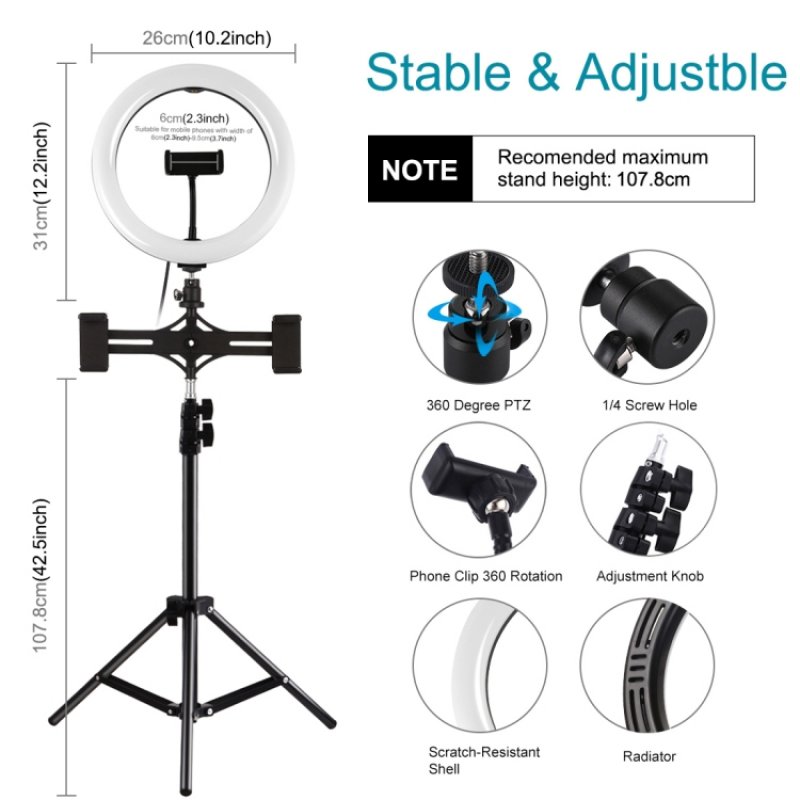 Puluz 1,1m Tripod Mount with 26cm LED Ring Vlogging PKT3070B