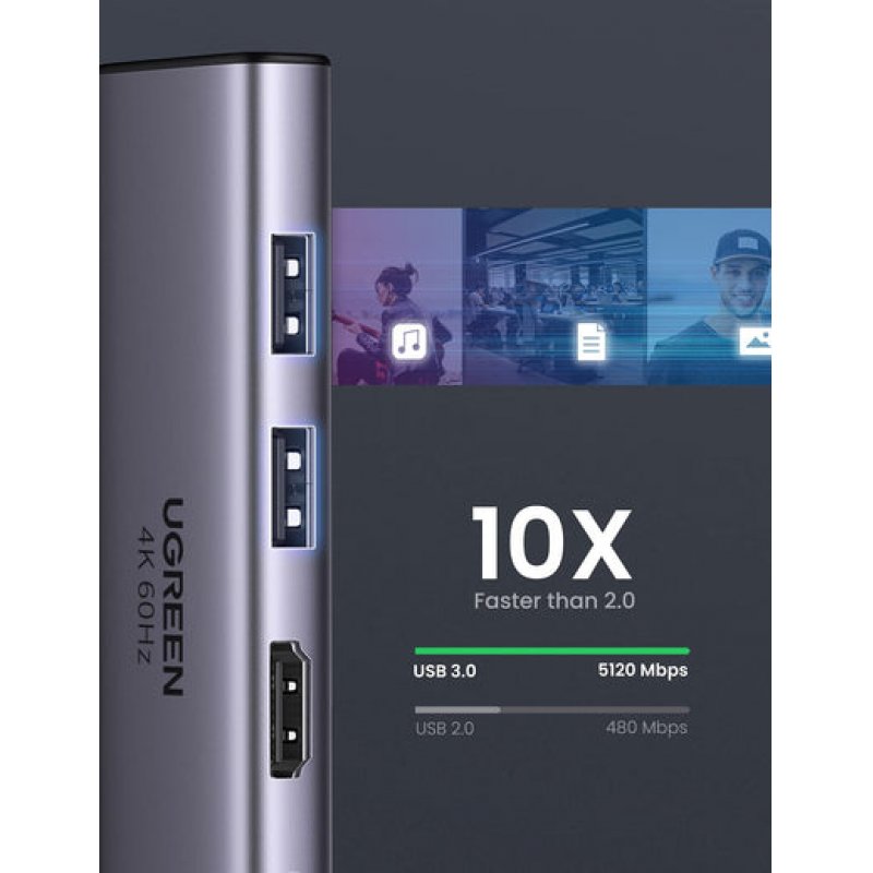 Ugreen 6-in-1 USB-C Hub USB Type-C Argent