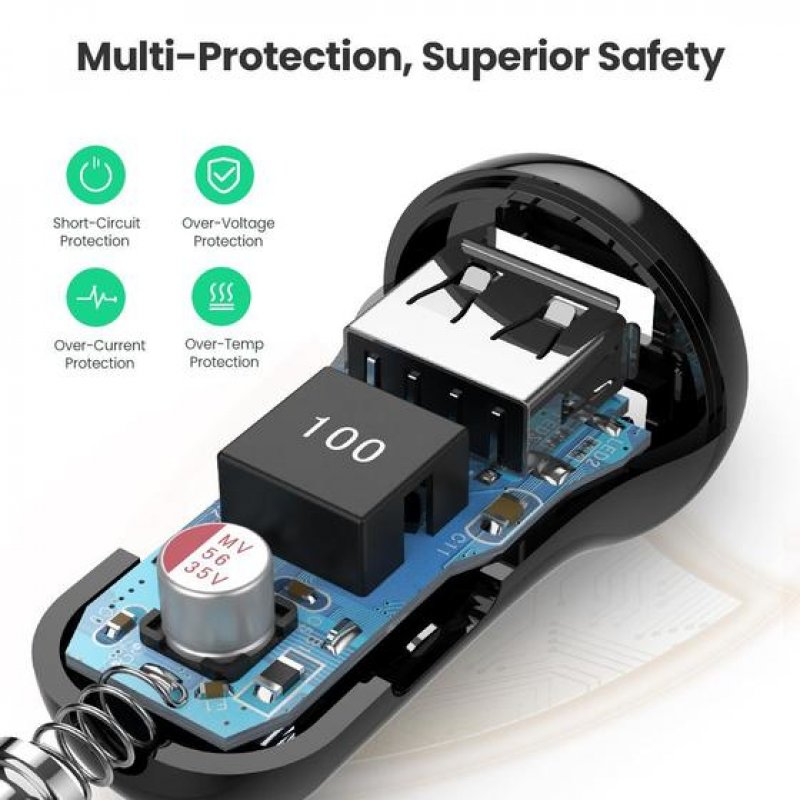 Ugreen 50875 chargeur d'appareils mobiles MP4, Ordinateur portable Noir Allume-cigare Auto