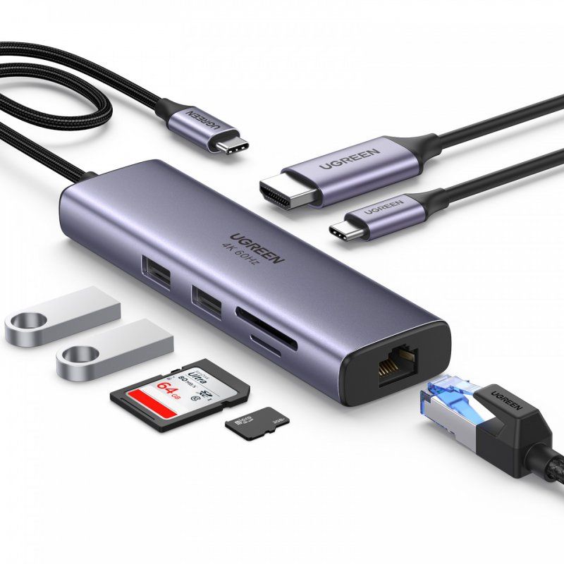 UGREEN CM512 6-in-1 Adapter USB-C to 2x USB + HDMI + USB-C + RJ45 + TF/SD (Grey)