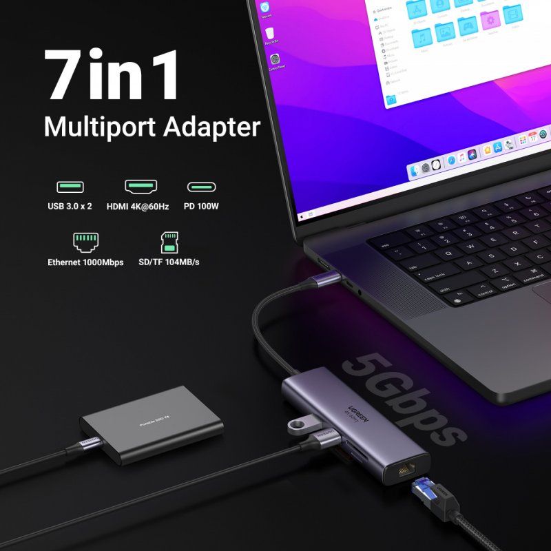 UGREEN CM512 6-in-1 Adapter USB-C to 2x USB + HDMI + USB-C + RJ45 + TF/SD (Grey)