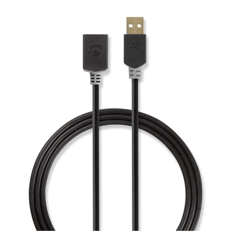 Nedis USB-Kabel | USB 2.0 | USB-A Stecker | USB-A Buchse | 480 Mbps | Vergoldet | 2.00 m | rund | PVC | Anthrazit | Verp