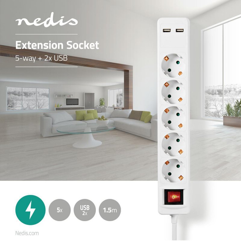 Nedis EXSO515UFSWT multiprise 1,5 m 5 sortie(s) CA Intérieure Blanc