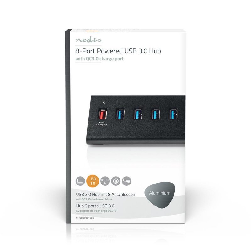 Nedis USB-Hub | 8-Port port(s) | QC3.0 / USB 3.2 Gen1 | Netzstromversorgung / Stromversorgung über USB | 5 Gbps | 8x US