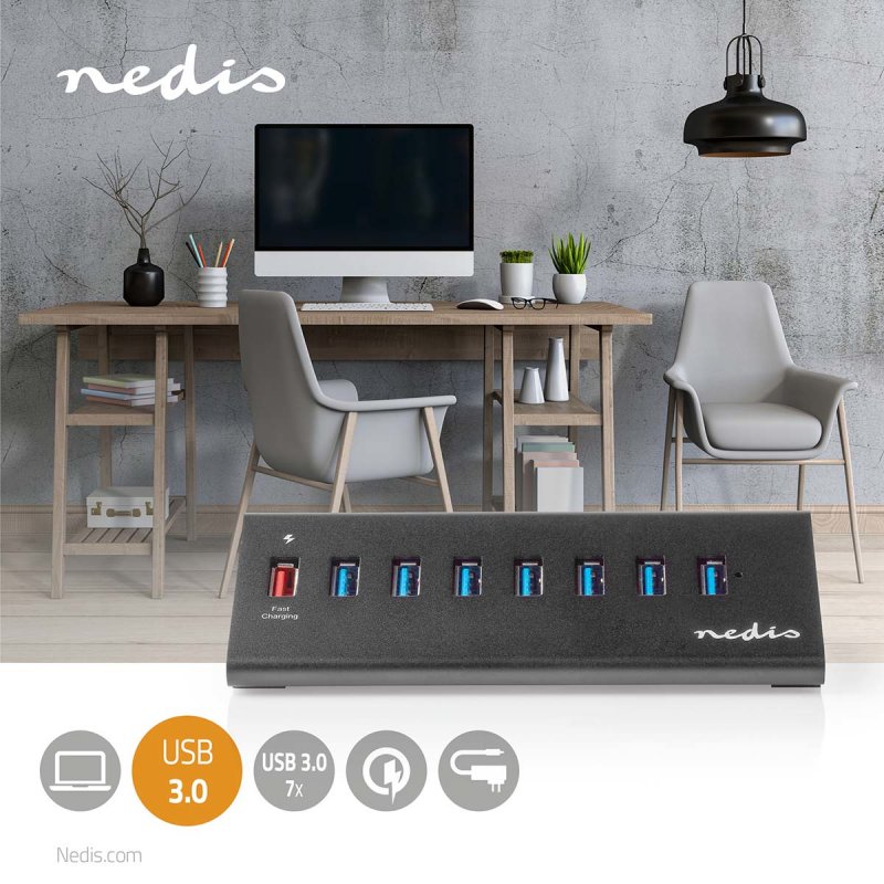 Nedis USB-Hub | 8-Port port(s) | QC3.0 / USB 3.2 Gen1 | Netzstromversorgung / Stromversorgung über USB | 5 Gbps | 8x US