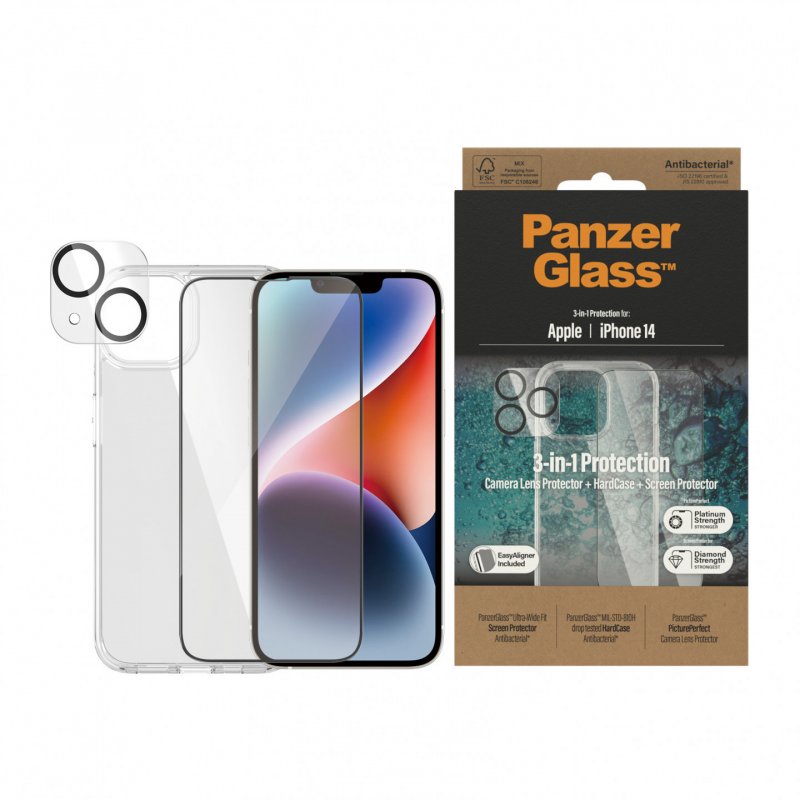PanzerGlass Handyhülle iPhone 14, Bundle Clear Glass+Case transparent, antibakteriell