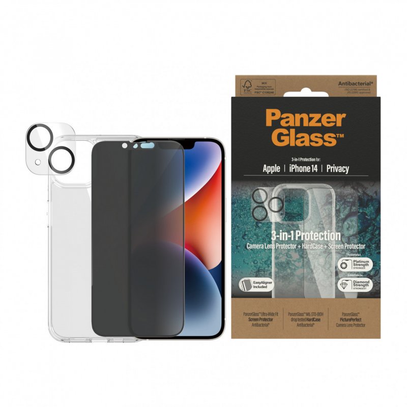 PanzerGlass iPhone 14 6,1" , Bundle Privacy Glass+Case transparent, Antibakteriell, Anti-Fingerprint