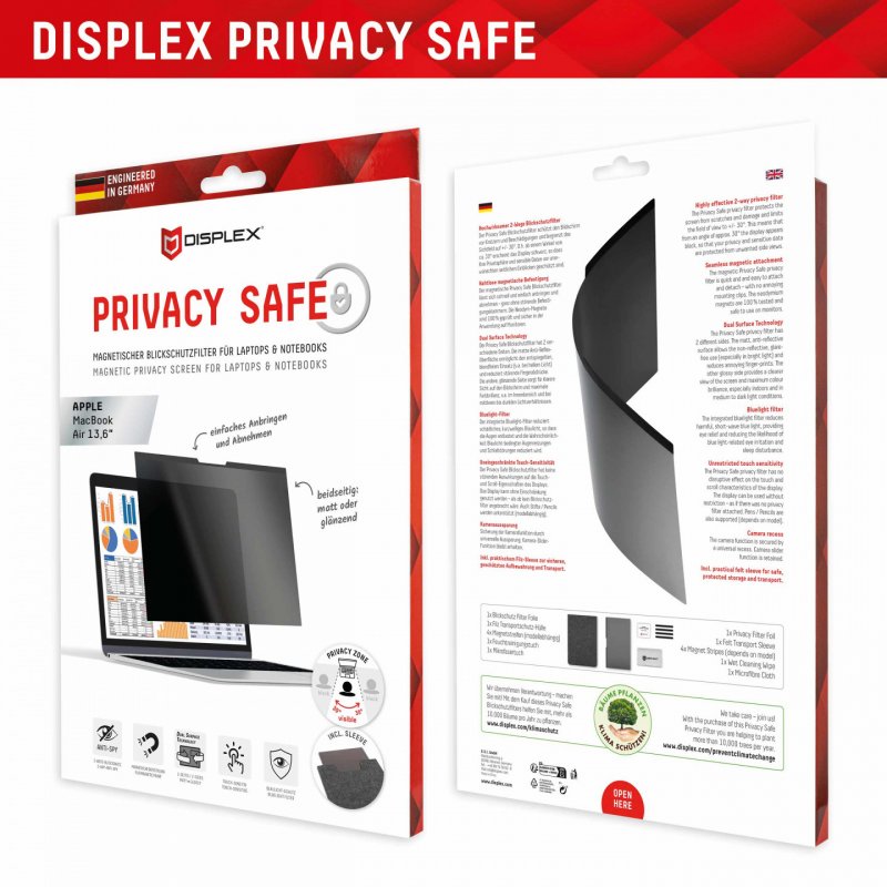 DISPLEX Privacy Safe Blickschutzfilter für MacBook Air 13,6", Anti-Reflex, Bluelight-Filter, Magnetische Befestigung