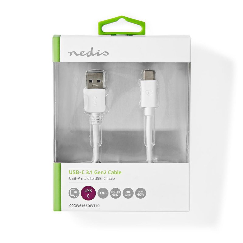 Nedis CCGW61650WT10 câble USB 1 m USB 3.2 Gen 2 (3.1 Gen 2) USB A USB C Blanc