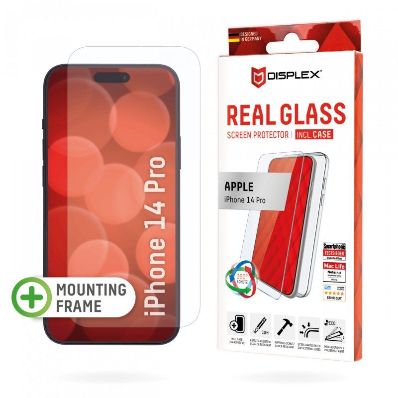 Displex Screen Protector (10H) + Case for Apple iPhone 14 Pro, Eco Mounting Frame, + Case, Tempered Glass, scratch resis
