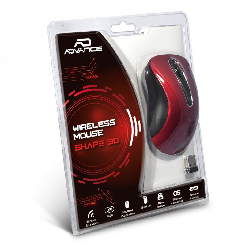Souris Optique SANS Fil Advance SHAPE 3D Rouge 2.4 Ghz 3 Boutons 1600 DPI