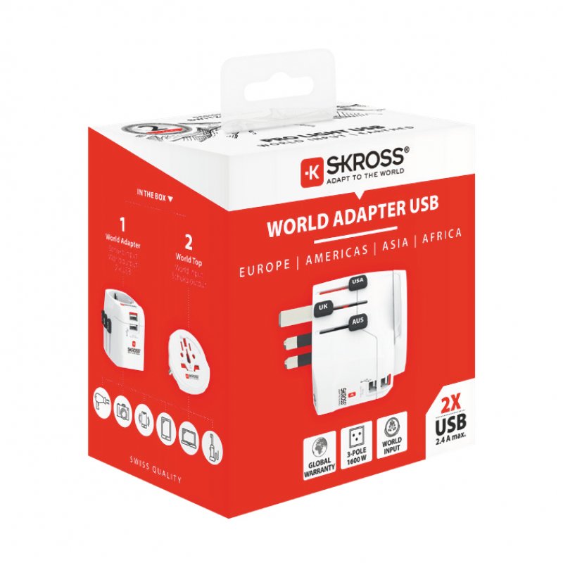 Skross PRO Light USB (2xA) - World power plug adapter Universal White