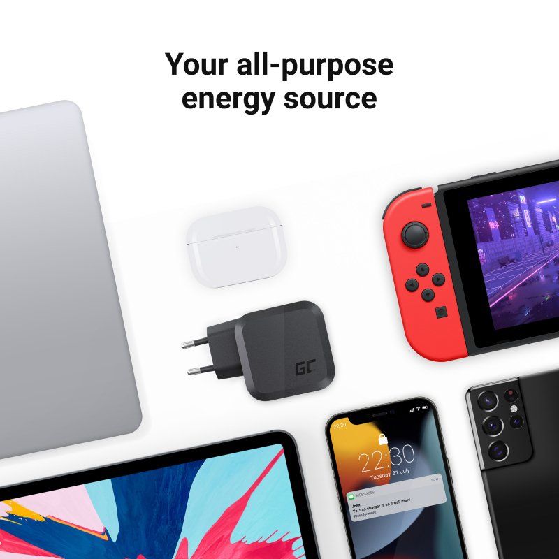Power charger Green Cell GC PowerGaN 65W (2x USB-C Power Delivery, 1x USB-A compatible with Quick Charge 3.0)