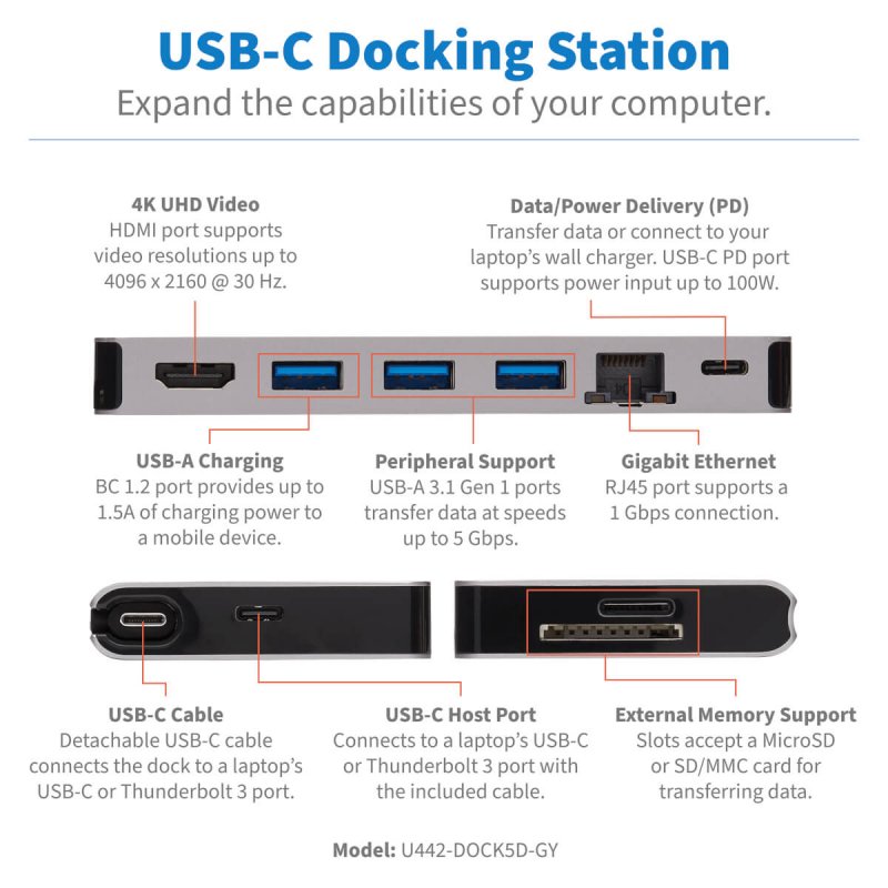 Tripp Lite U442-DOCK5D-GY USB-C Dock - 4K HDMI, USB 3.2 Gen 1, USB-A Hub, GbE, Memory Card, 100W PD Charging, Detachable