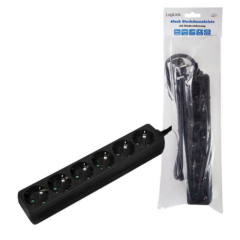 LogiLink LPS238B power extension 1.5 m 6 AC outlet(s) Indoor Black
