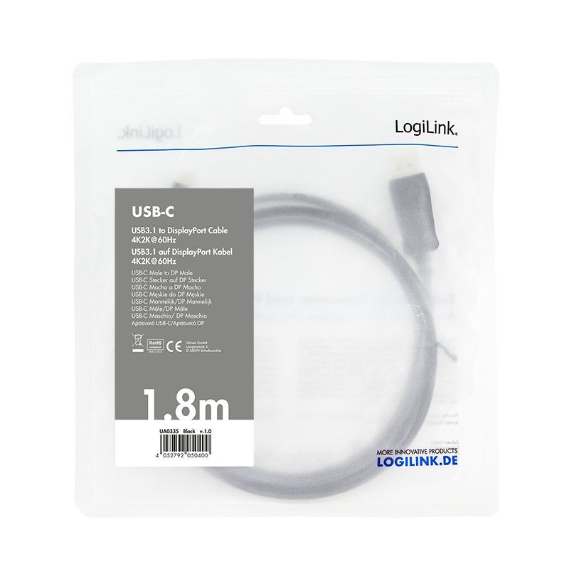 LogiLink UA0335 câble vidéo et adaptateur 1,8 m USB Type-C DisplayPort Noir