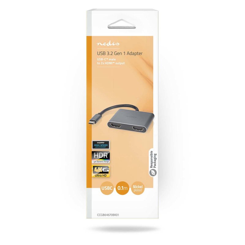 Nedis USB-C™ Adapter USB 3.2 Gen 1 | USB-C™ Stecker | 2x HDMI™ | | 4K@30Hz | 0.10 m | Rund | Vernickelt | PVC | Sc