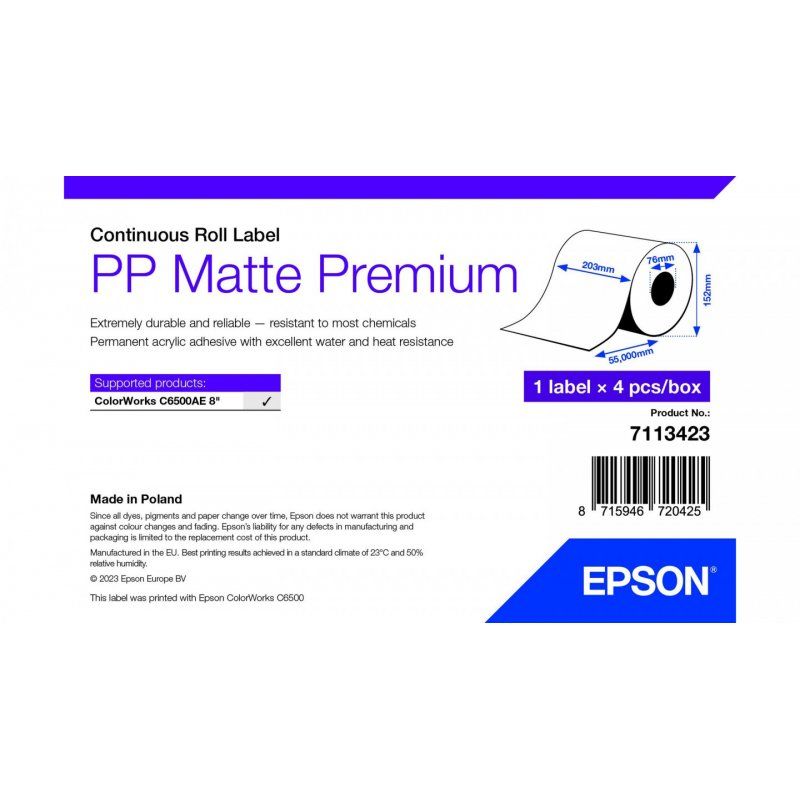 PP MATTE LABEL PREM CONTINUOUS ROLL 210X55MM