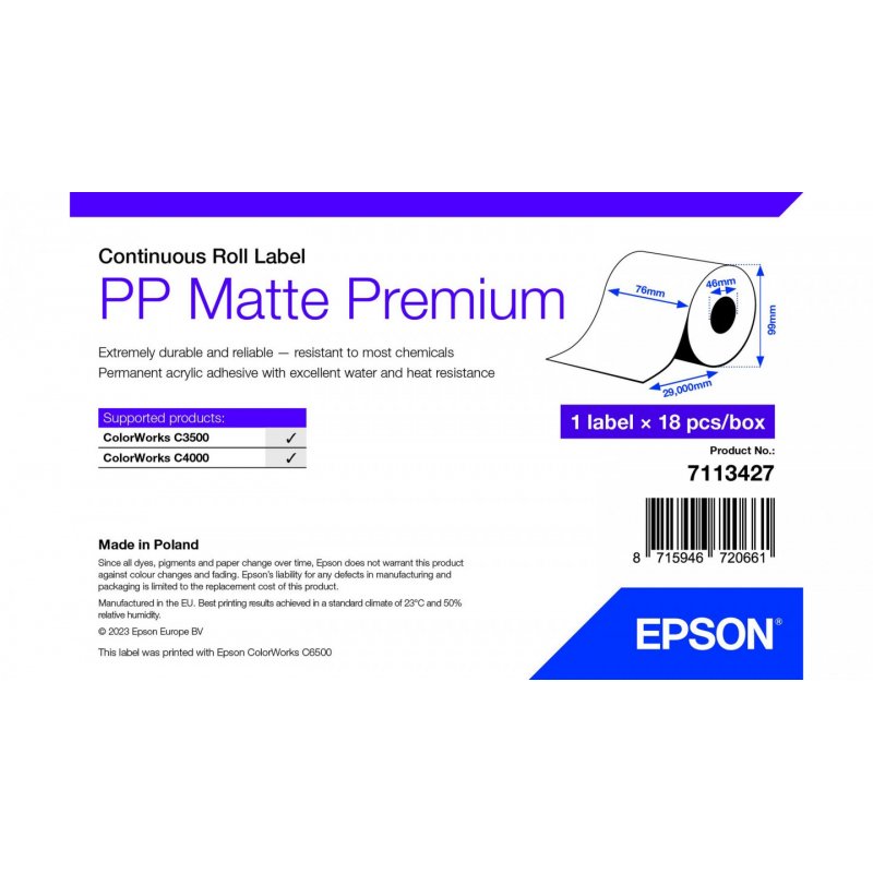 PP MATTE LABEL PREM CONTINUOUS ROLL 76X29MM
